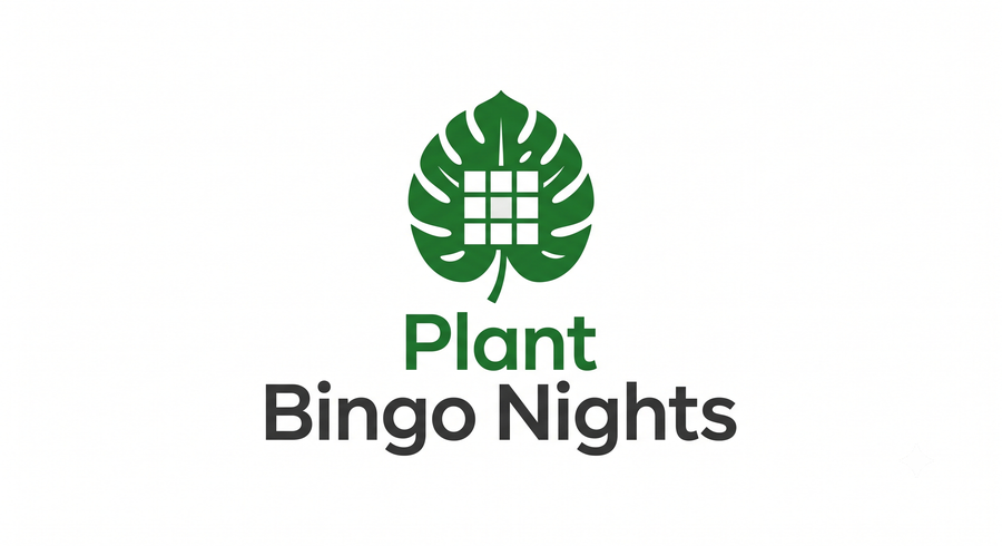 Plant Bingo Nights logo — a monstera leaf with a bingo card inside